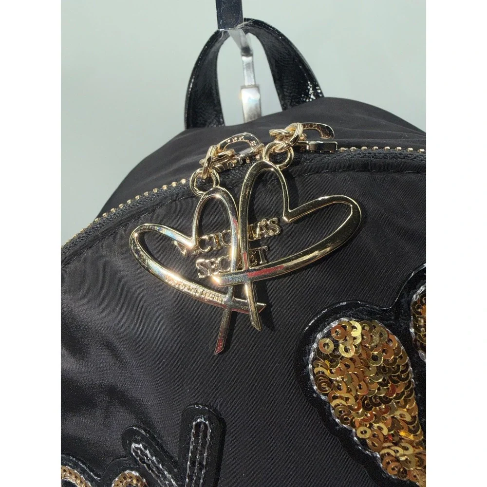 Victoria's Secret Mini Backpack Black Nylon Sequin Angel WingsXO Lips Heart Logo